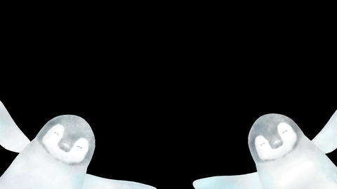 2羽の可愛いペンギンの雛が手を振るフレーム。文字スペース入りのアルファチャンネルのループアニメーション。