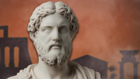 Antique portrait sculpture of a Roman against the backdrop of architectural ruins in the haze animat