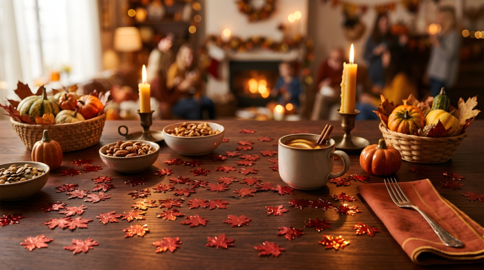 Autumn Thanksgiving celebration photograph of table setting with pumpkins candles