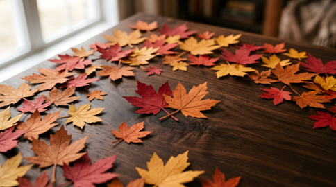 Autumn maple leaves photograph featuring colorful paper crafts for seasonal decoration