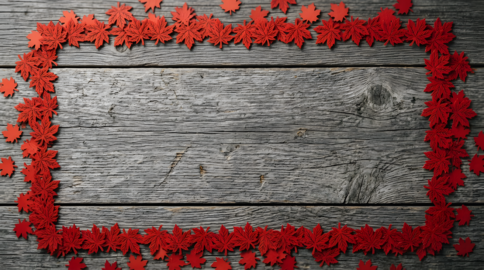 Maple leaf confetti border photograph on rustic wood for autumn seasonal celebration