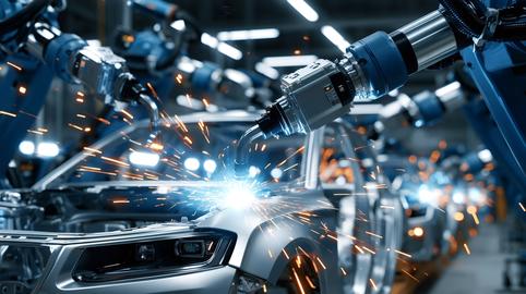 Robotic arms welding car body in automated factory
