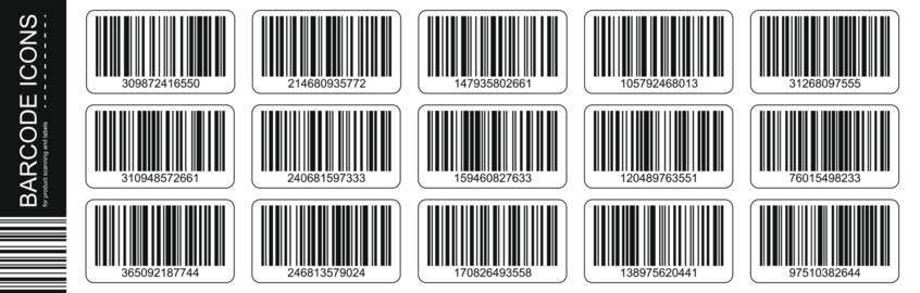 Barcode icons set with rounded rectangle labels and codes. Product scanning stickers