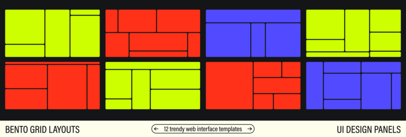 Modular bento box collage layouts. Playful grid of panels and picture frames for mood boards,