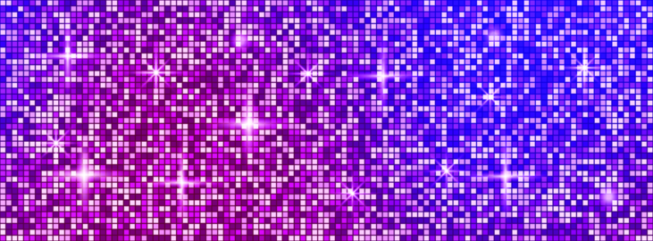 Seamless purple and pink sequin disco bg. Mirror tile pattern with sparkle lights. Glam party