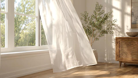 Gentle breeze blows through sheer curtains in a sunlit room with a potted plant