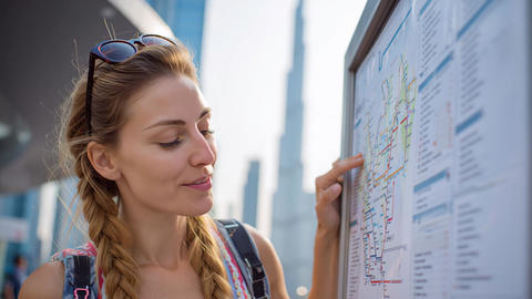 Tourist woman reading city metro map on street with modern skyline background