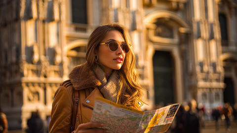 Young woman tourist reading city map outdoors in historic European street at sunset