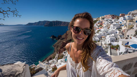 Smiling tourist woman taking selfie with Santorini caldera and sea view, Greece