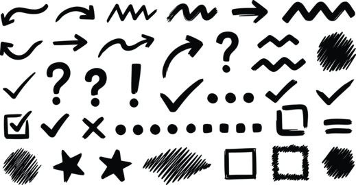 Collection of hand drawn arrows check marks question marks and doodle symbols in black ink