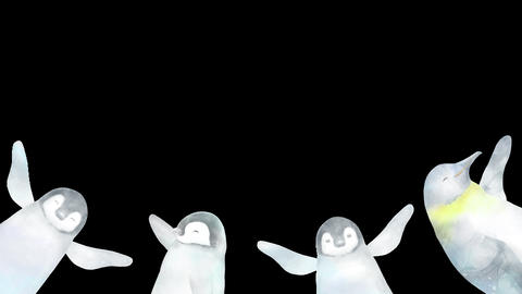 ペンギン家族が一羽ずつ登場して手を振る水彩風フレーム。中央部に文字スペースのある可愛くて楽しい背景透過アニメーション。