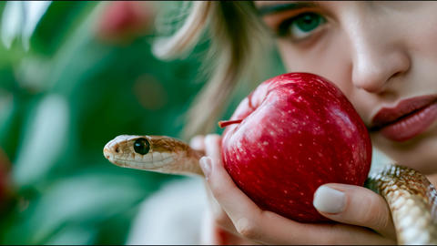 Woman holding a red apple beside a snake