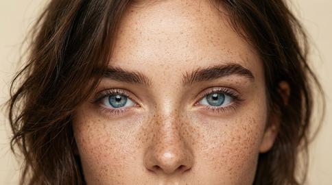 A detailed close-up portrait of a young woman featuring bright blue eyes, natural brown hair, and nu