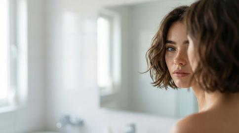A young woman with short wavy brown hair and freckles gazes at her reflection in a bright bathroom m