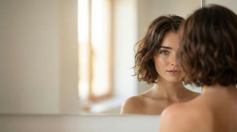 A beautiful young woman with short wavy brown hair and blue eyes gazes intently at her reflection in