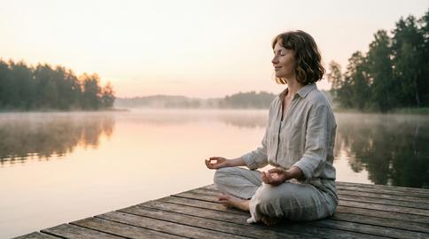 A tranquil woman practices meditation in a comfortable cross-legged pose on a rustic wooden dock by