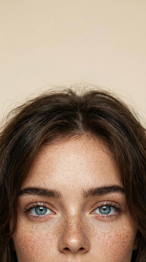 A captivating close-up portrait of a young Caucasian woman's upper face, featuring striking blue eye