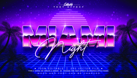 Miami Night Editable Text Effect Graphic Style with Chrome Typography Lettering on Retro Palm Beach