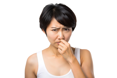 Asian woman short black hair pinching nose, isolated on a transparent background