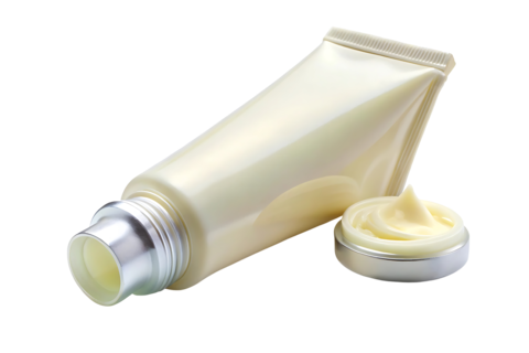 A tube of cream and a jar of cream sit side by side The tube is pink and the jar is clear 1