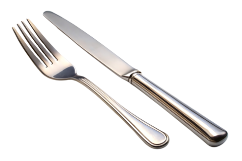 A stainless steel fork and knife, isolated on a transparent background