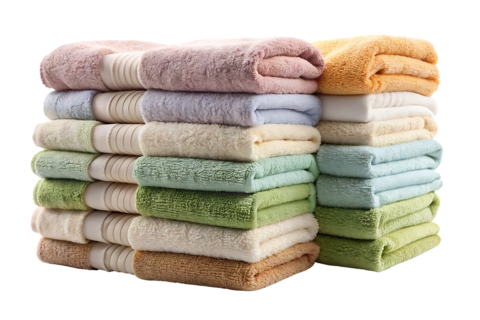 A stack of towels with different colors and patterns The towels are piled on top of each other, crea