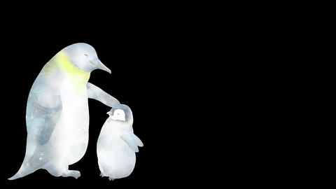 ペンギンの親が子供の頭をなでているアルファチャンネルの水彩タッチループアニメーション。右半分にコピースペースあり。