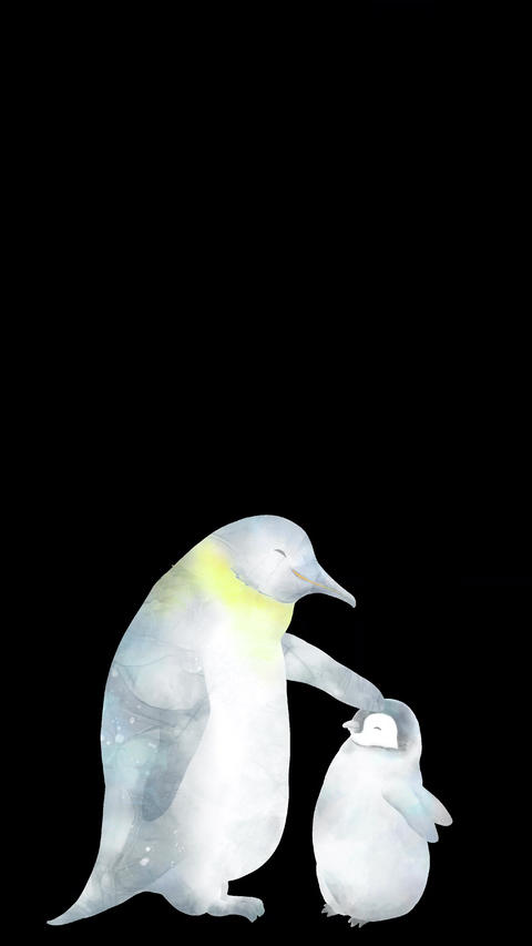 ペンギンの親が子供の頭をなでているアルファチャンネルの縦長水彩タッチループアニメーション。上半分にコピースペースあり。