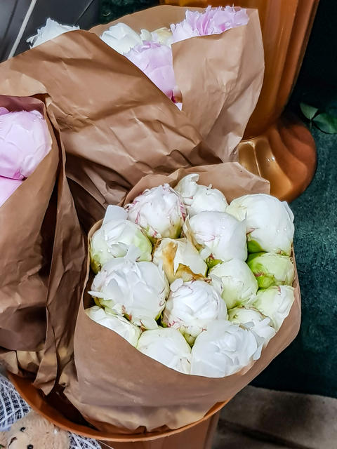 Freshly wrapped bouquets of white and pink peonies in brown paper packaging placed on a green