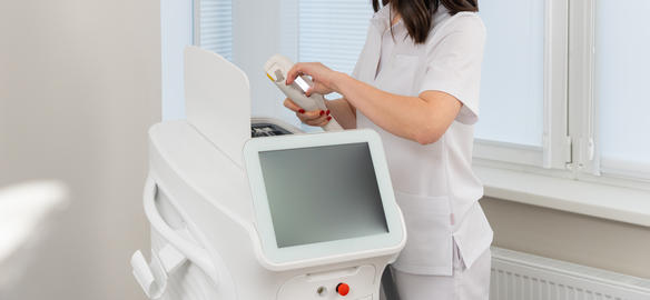 Female cosmetologist operating a modern laser hair removal machine