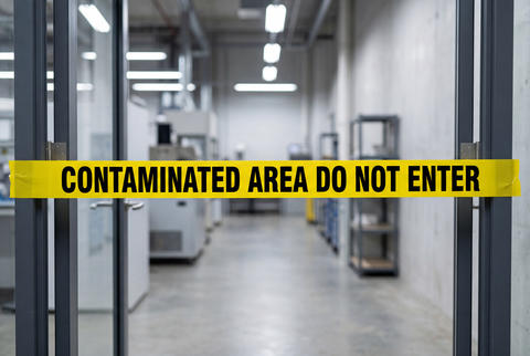 Yellow contaminated area do not enter warning tape across laboratory door