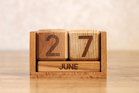 block calendar displaying June 27 as important date reminder milestone anniversary event or