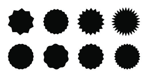 Circle stickers black set. Star burst shape tags for price, shops. Wavy edge promo badges
