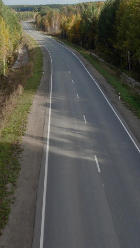 Aerial view of empty asphalt highway through autumn forest countryside