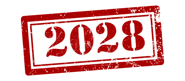Red 2028 grunge stamp illustration, distressed year label with rectangular frame, vintage date mark