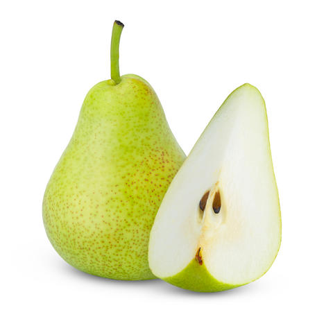 Green pear and cut in slice of juicy pear isolated on white background