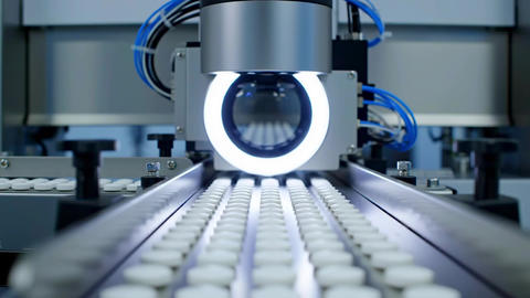 Optical inspection camera scanning tablets in close-up on pharmaceutical conveyor inside automated