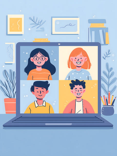 Flat illustration of people on a video conference call on a laptop.vertical