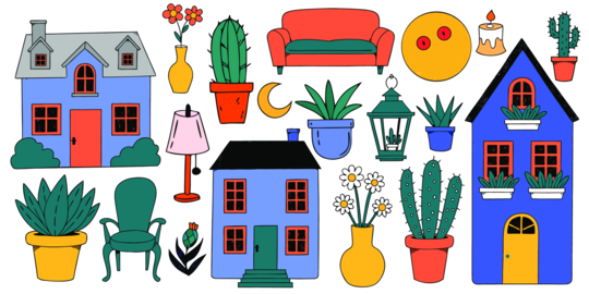 Cozy home elements and house decor objects
