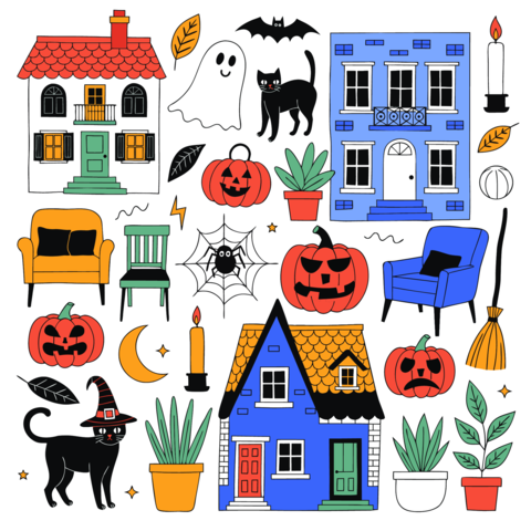 Halloween doodles with pumpkins, houses, and spooky elements