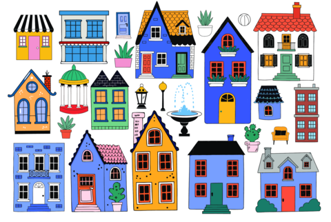 Colorful cartoon houses and street elements set