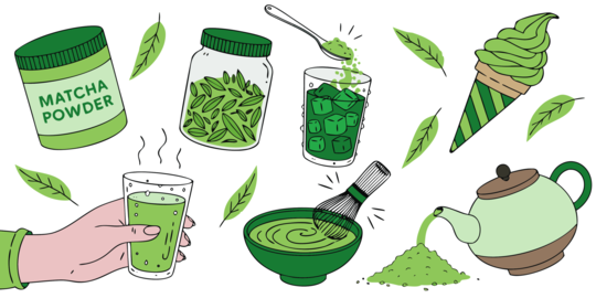 Matcha powder, tea leaves, and drink preparing process