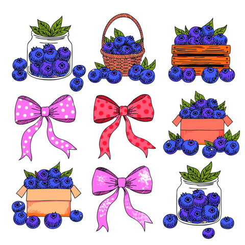 Blueberries in jars baskets and boxes with bows
