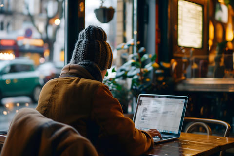 Person using laptop in cafe near window winter clothing cozy atmosphere back view