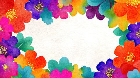 Vibrant watercolor floral frame with colorful blossoms on textured paper background. Copy space