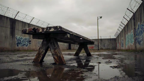 Broken bench on wet prison yard close-up after rain, symbolizing incarceration, loneliness