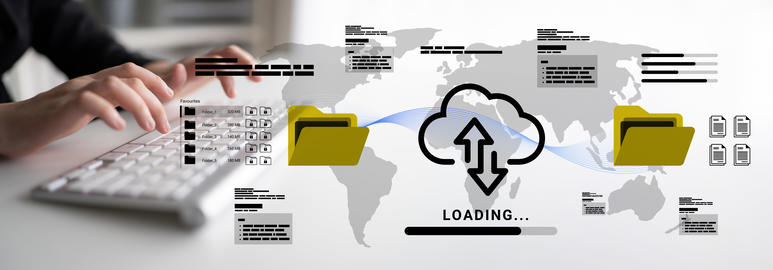 Digital Data Transfer Concept with Cloud Storage, Hands Typing, World Map, and