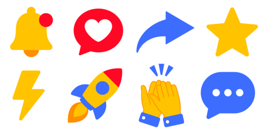 Social media reaction icon set illustration with notification bell, like bubble, share arrow,