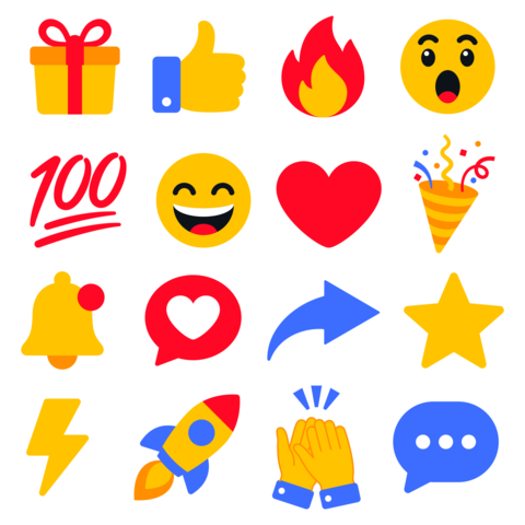 Social media reaction icon set illustration with gift box, thumbs up, fire, surprised face, 100 sign