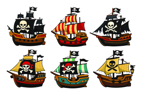 Pirate ships set illustrating cartoon style galleons with jolly roger flags and skull crossbones
